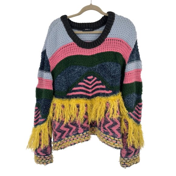 Zara Knit Colorful Fringed Sweater Multicolor Womens Size Large - Picture 2 of 14